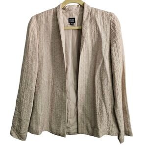 Eileen Fisher XS‎ Beige Linen Silk Crinkle Open Front Blazer Jacket Career ~